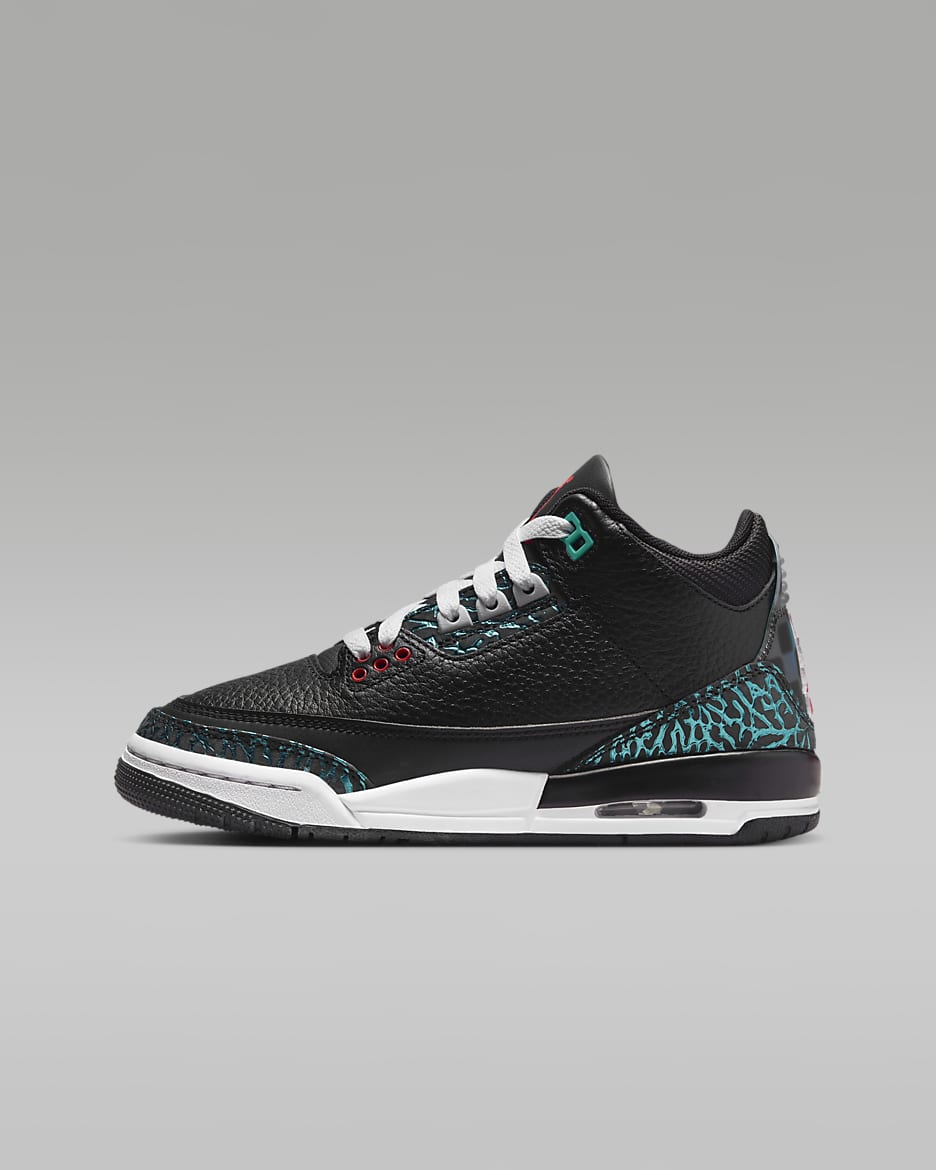 Tenis para niños grandes Air Jordan 3 Retro - Negro/Hiperjade/Blanco/Rojo sirena