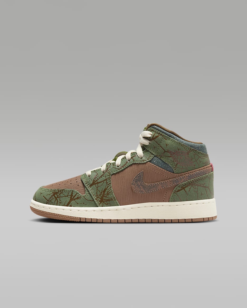 Air Jordan 1 Mid Sneaker School Older Kids' Shoes - Archaeo Brown/Treeline/Coconut Milk/Light Olive