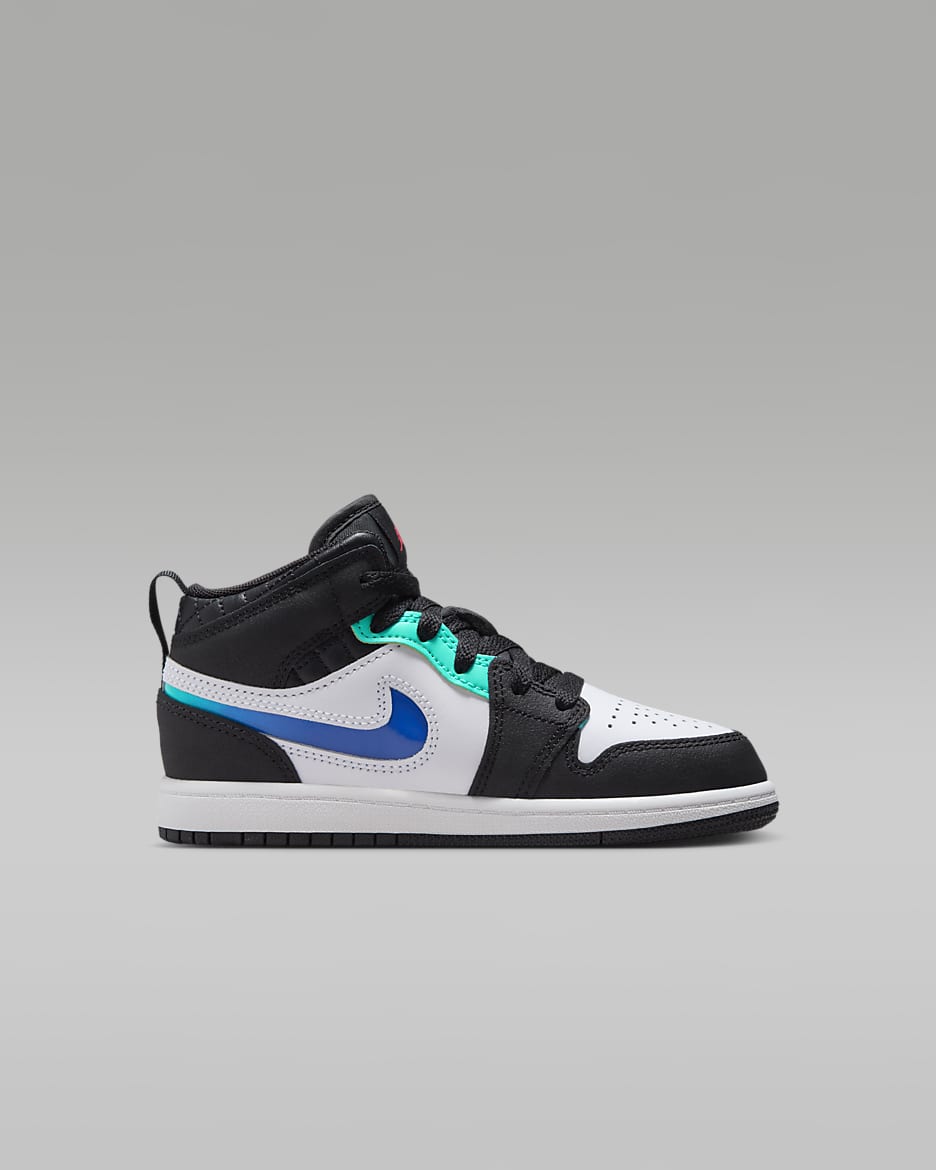 Jordan 1 Mid SE Little Kids' Shoes - Black/White/Hyper Jade/Siren Red