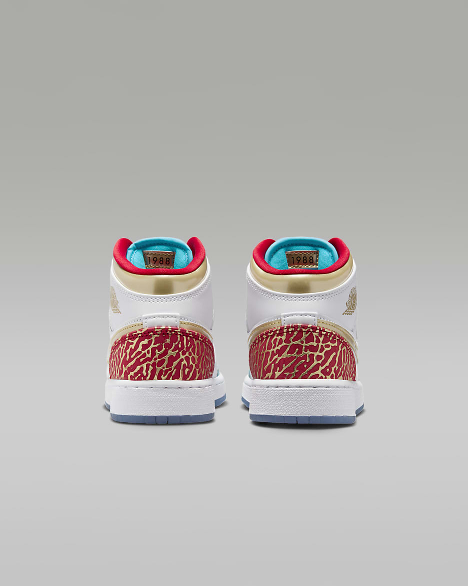 Air Jordan 1 Mid Sneaker School Older Kids' Shoes - White/University Red/Blue Lightning/Metallic Gold