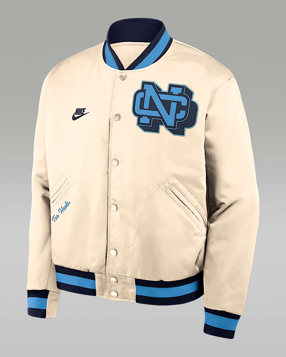 North Carolina Legacy Men's Nike College Full-Snap Bomber Jacket - Tan/Beige