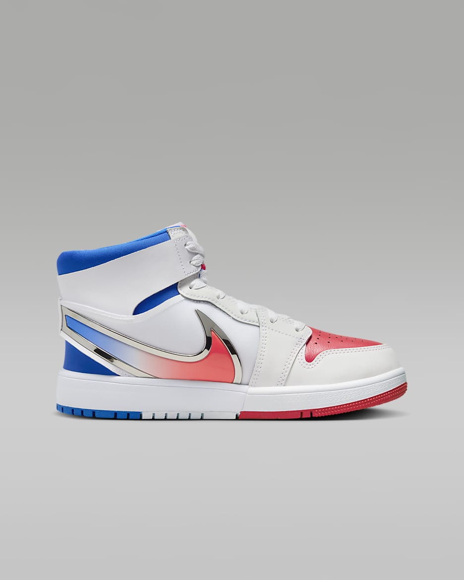 Sapatilhas Jordan 1 Mid RM EasyOn Júnior - Branco/Azul Racer/Vermelho Siren