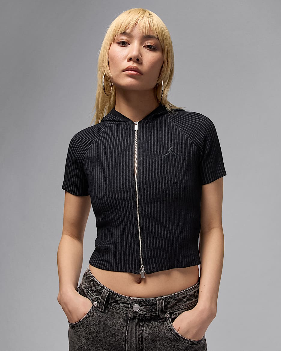 Jordan Flight Strickoberteil mit durchgehendem Reißverschluss (Damen) - Schwarz/Iron Grey/Schwarz
