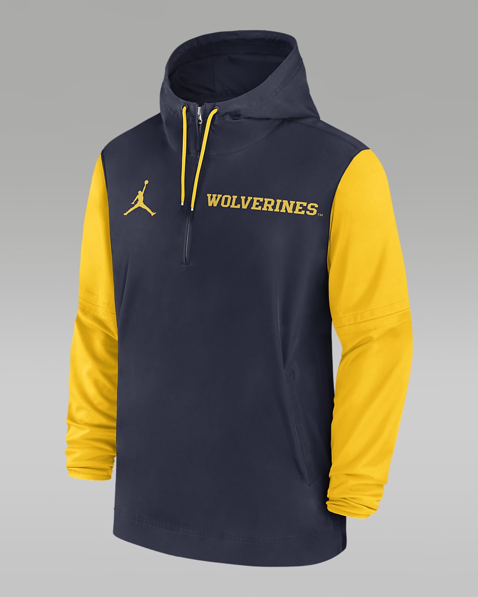 Michigan Wolverines Sideline Pre-Game Player Men's Jordan College 1/2-Zip Hooded Jacket - Navy