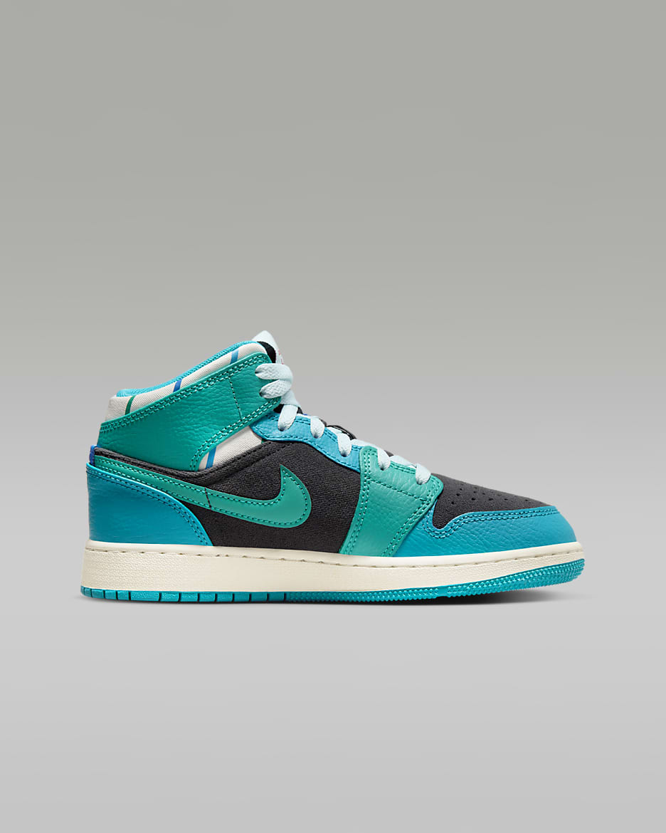 Air Jordan 1 Mid Sneaker School Older Kids' Shoes - Anthracite/Aquatone/New Emerald/Glacier Blue