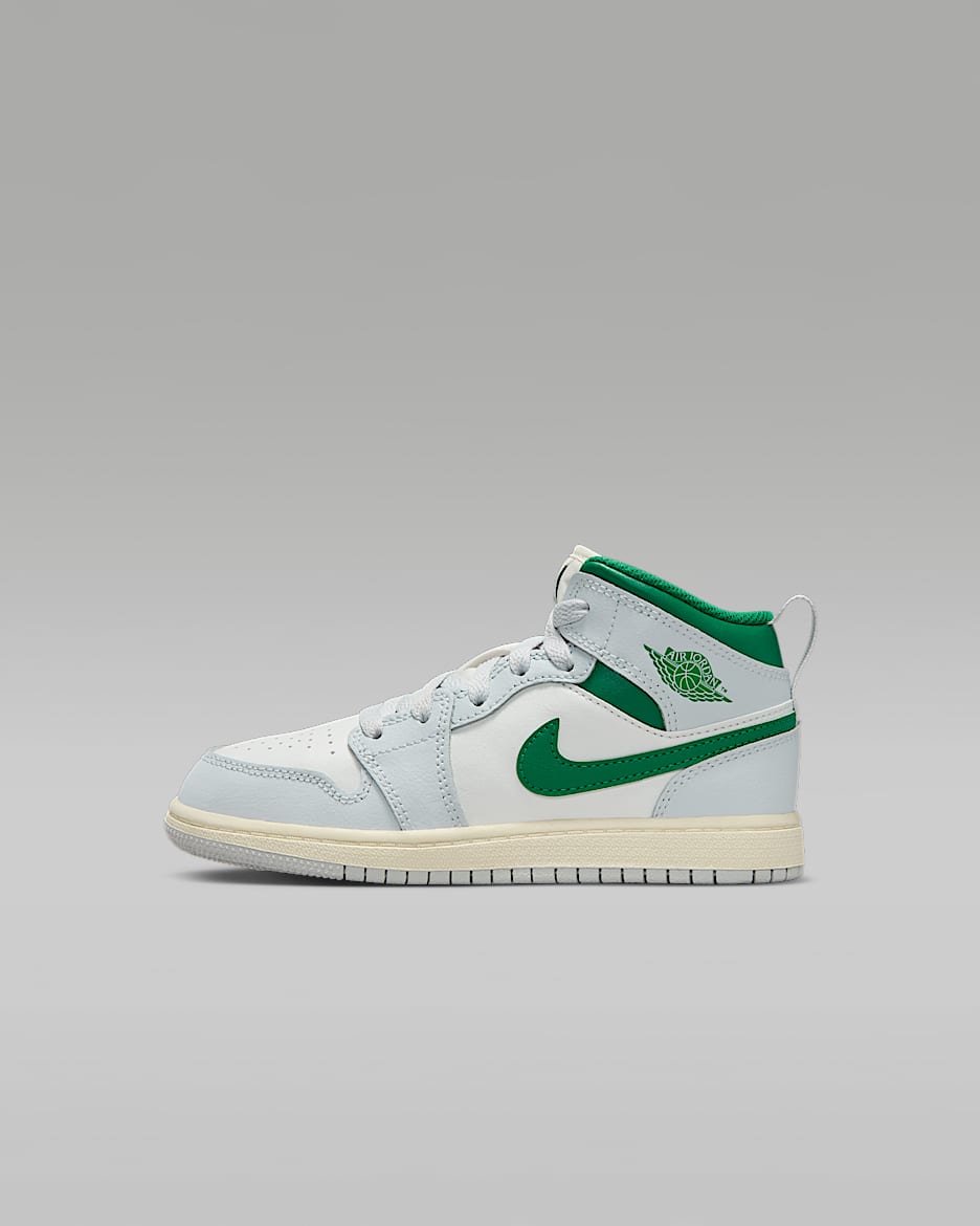Jordan 1 Mid Younger Kids' Shoes - Summit White/Pure Platinum/Sail/Pine Green
