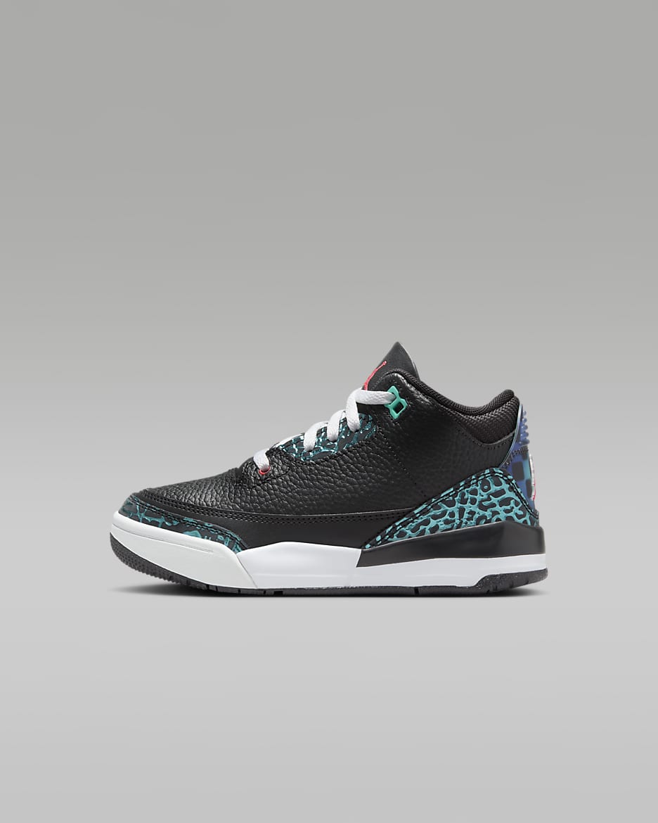 Tenis para niños de preescolar Jordan 3 Retro - Negro/Hiperjade/Blanco/Rojo sirena