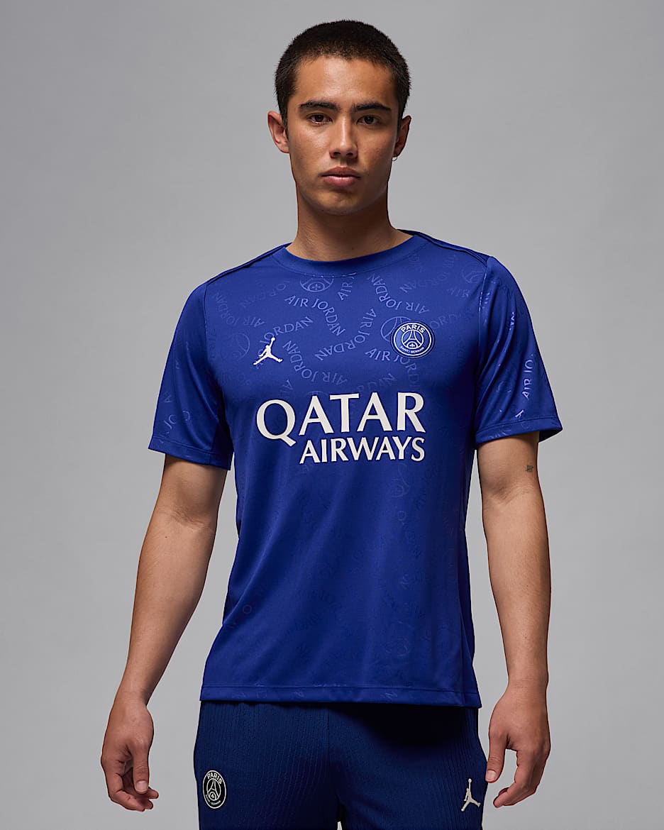 Haut de foot d'avant-match à manches courtes Jordan Dri-FIT Paris Saint-Germain Academy Pro 4e tenue pour homme - Deep Royal Blue/Deep Royal Blue/Phantom
