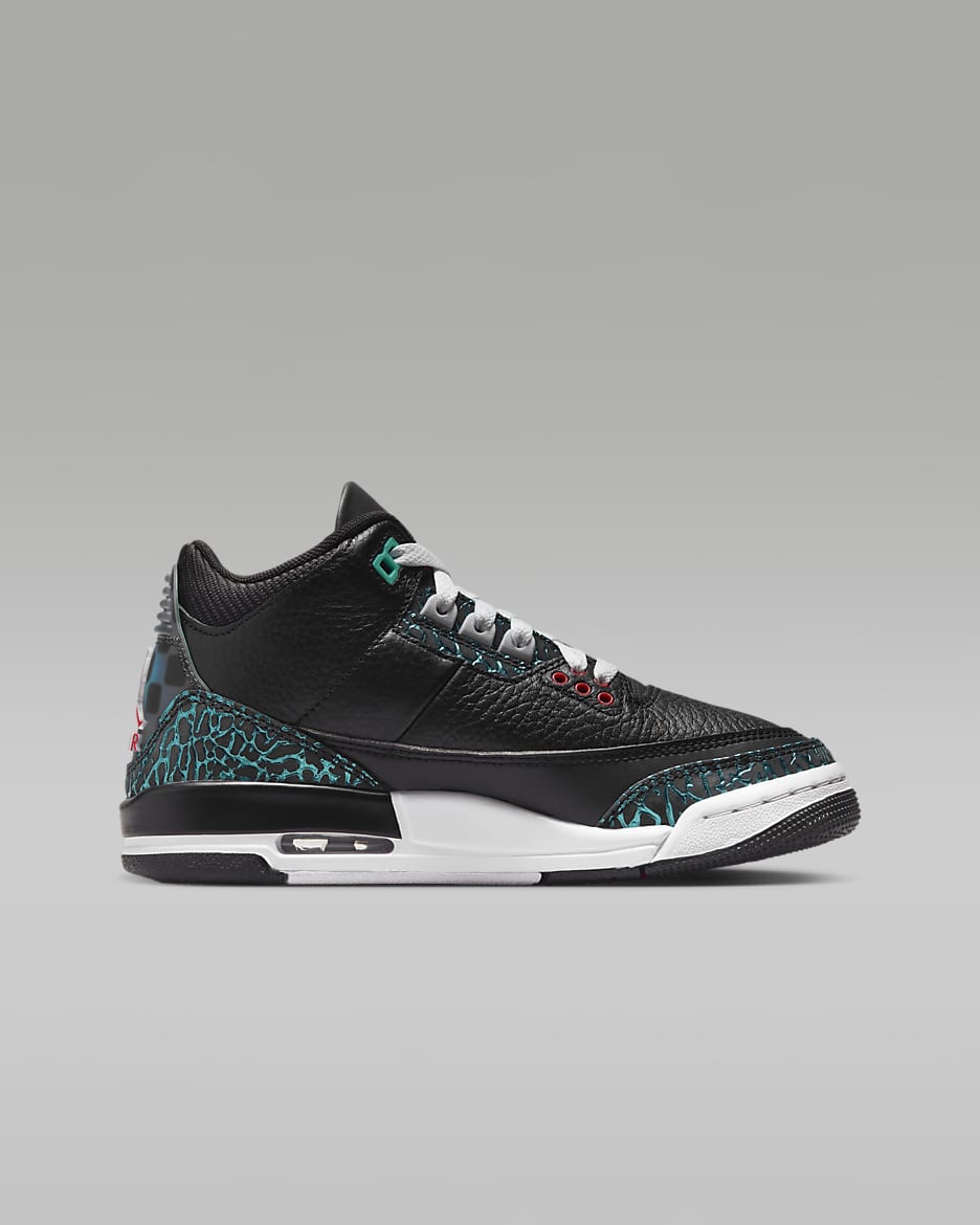 Tenis para niños grandes Air Jordan 3 Retro - Negro/Hiperjade/Blanco/Rojo sirena