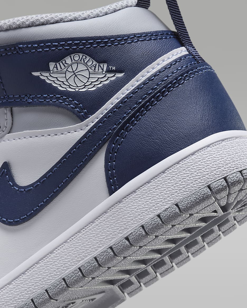 Jordan 1 Mid Younger Kids' Shoes - White/Wolf Grey/Midnight Navy