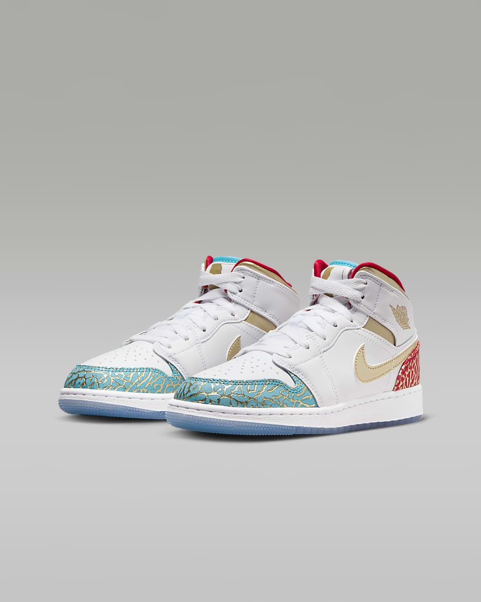 Air Jordan 1 Mid Sneaker School Older Kids' Shoes - White/University Red/Blue Lightning/Metallic Gold