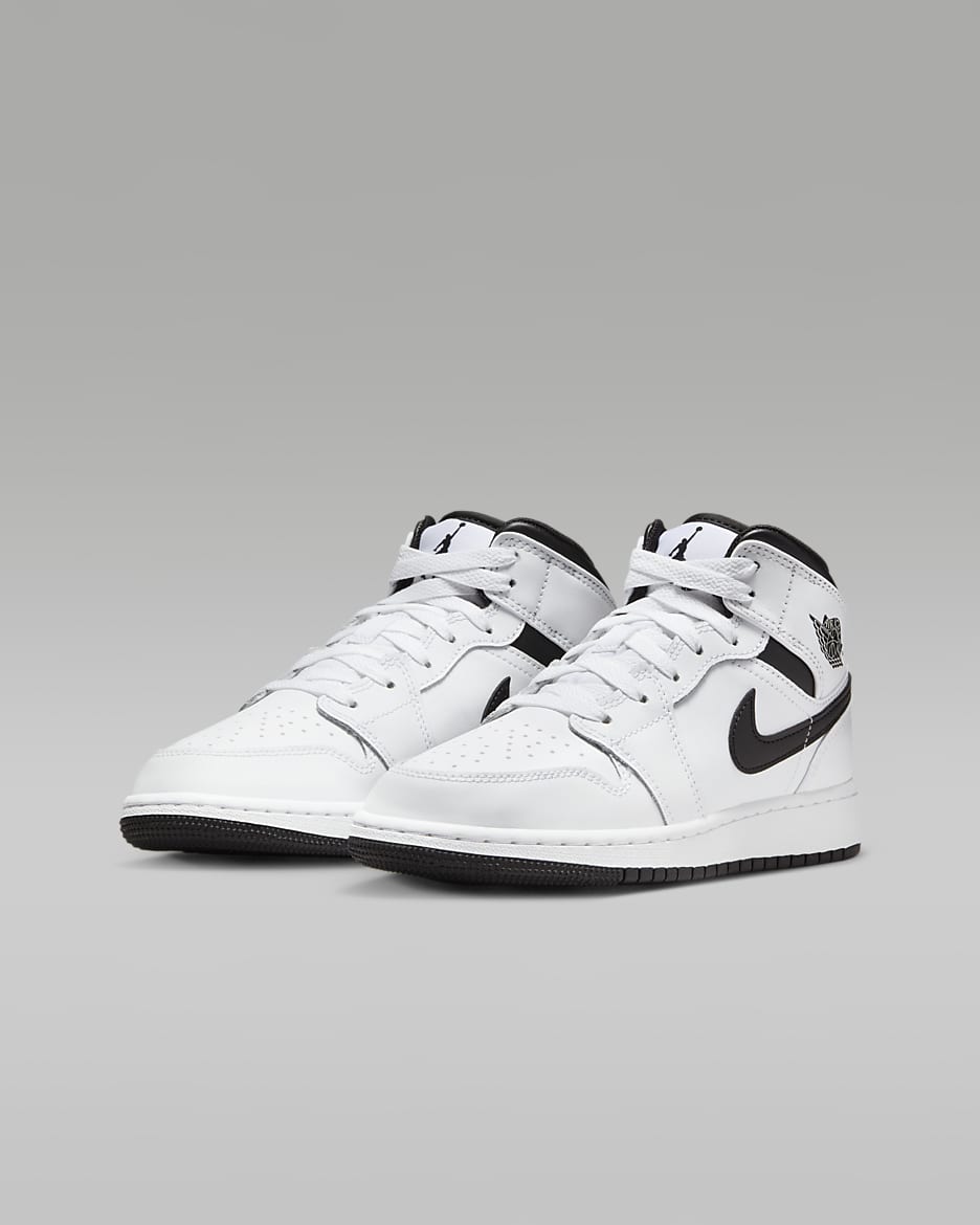 Air Jordan 1 Mid Older Kids' Shoes - White/White/Black/Black