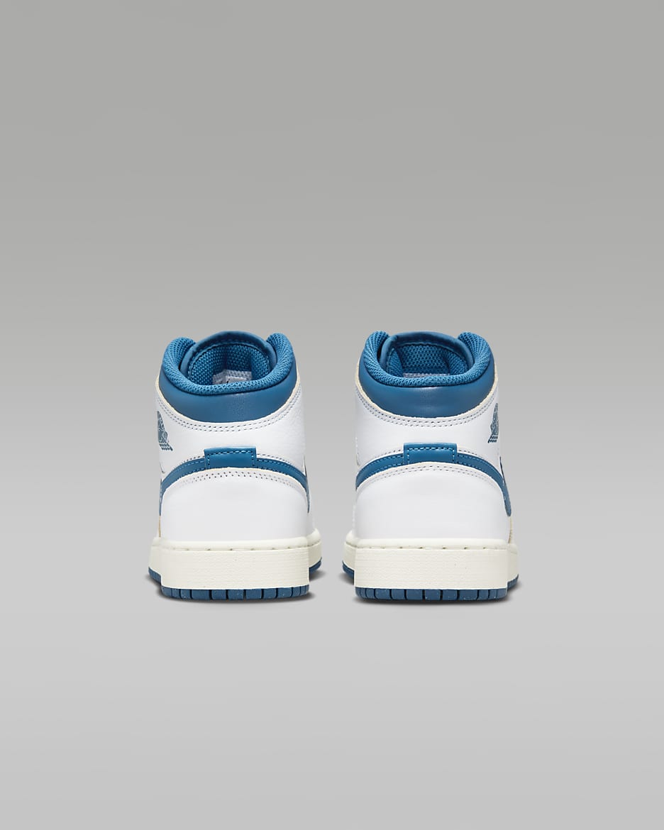 Tenis para niños grandes Air Jordan 1 Mid SE - Blanco/Vela/Azul industrial