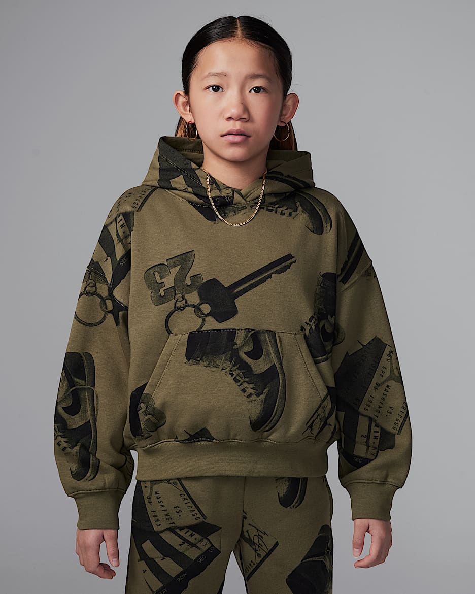 Jordan Brooklyn Fleece Big Kids' Printed Pullover Hoodie - Medium Olive
