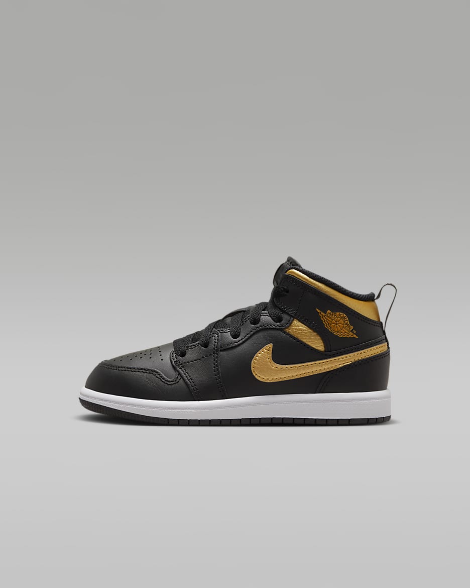 Jordan 1 Mid Younger Kids' Shoes - Black/White/Metallic Gold