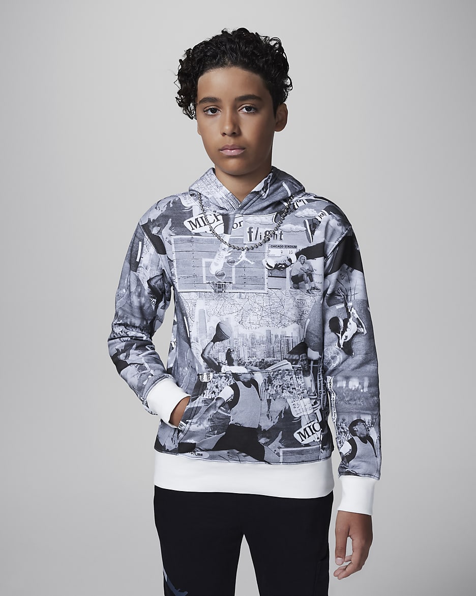 Jordan MJ Brooklyn Older Kids' Printed Fleece Pullover Hoodie - Black