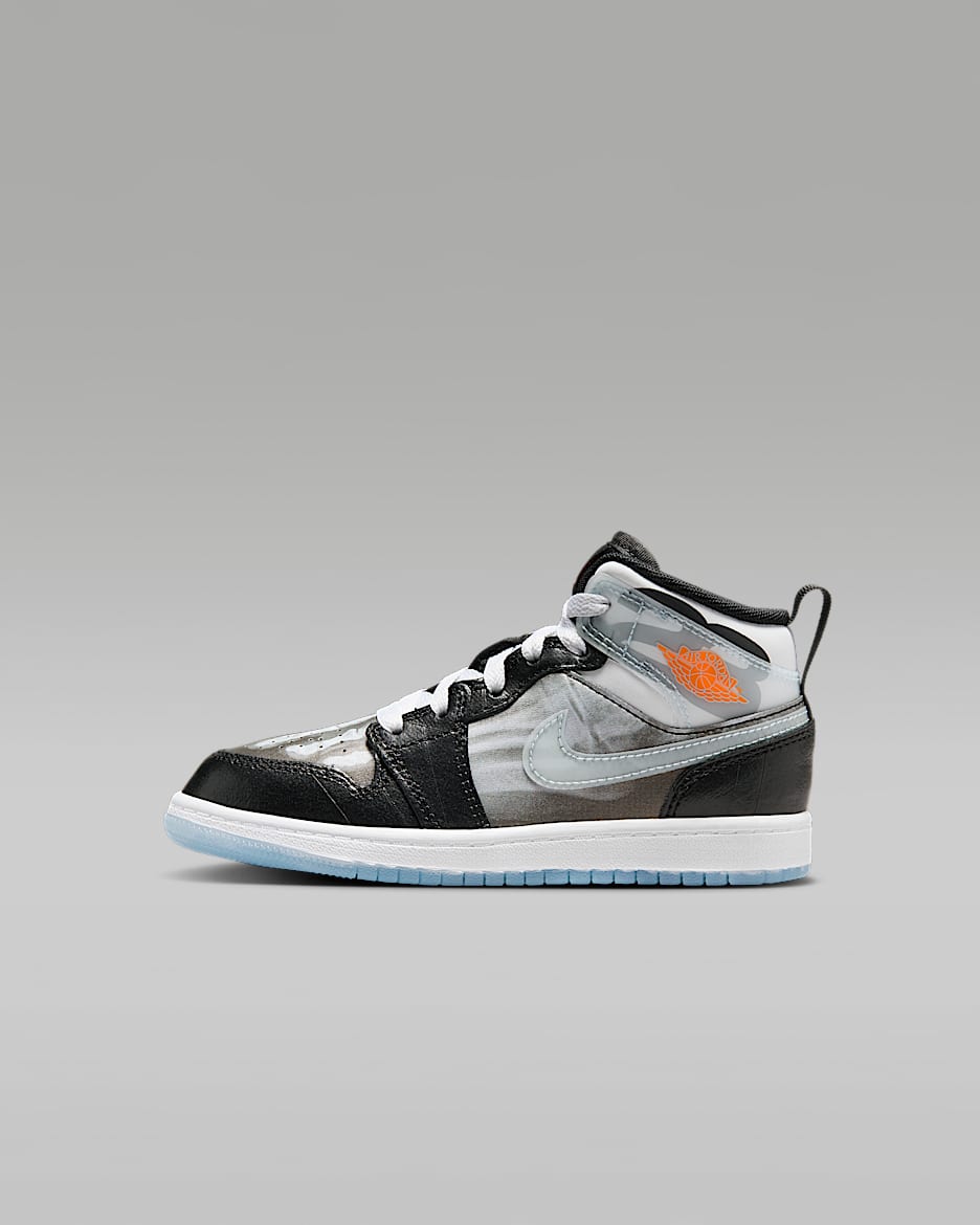 Jordan 1 Mid Sneaker School Little Kids' Shoes - Black/Total Crimson/White/Ice Blue