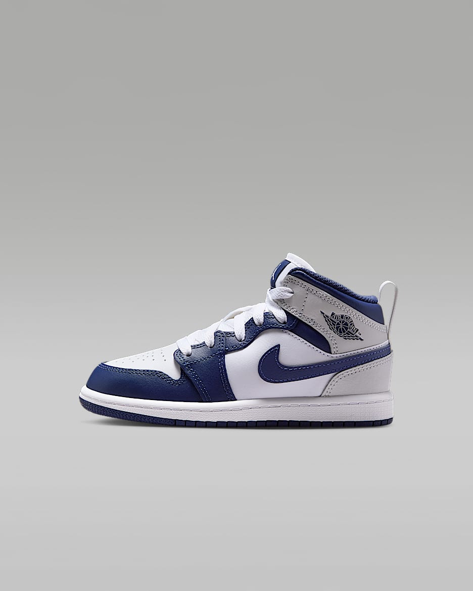 Jordan 1 Mid Younger Kids' Shoes - White/Neutral Grey/Gum Medium Brown/Midnight Navy