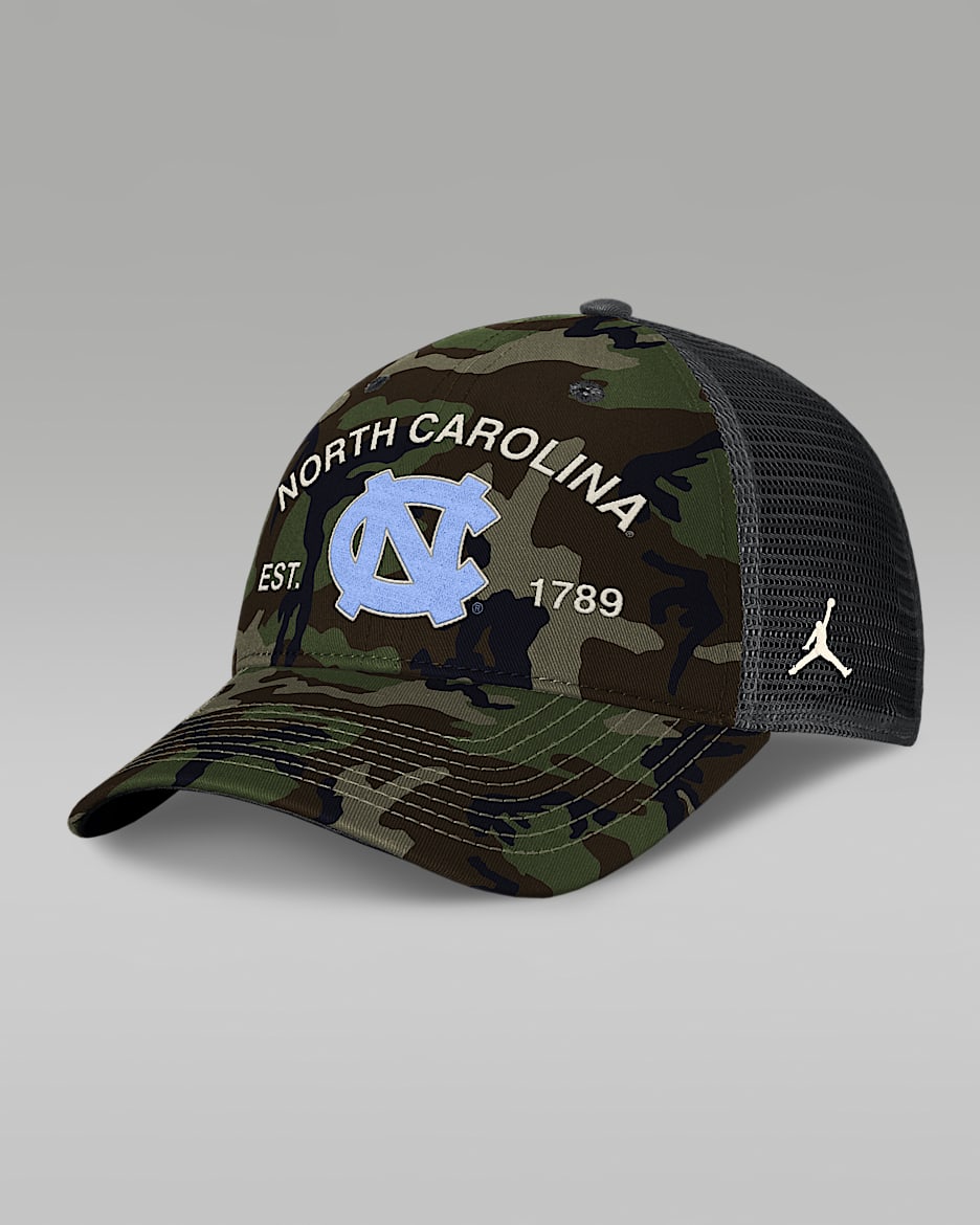 North Carolina 2025 Military Appreciation Rise Men's Jordan Brand College Trucker Adjustable Hat - Olive