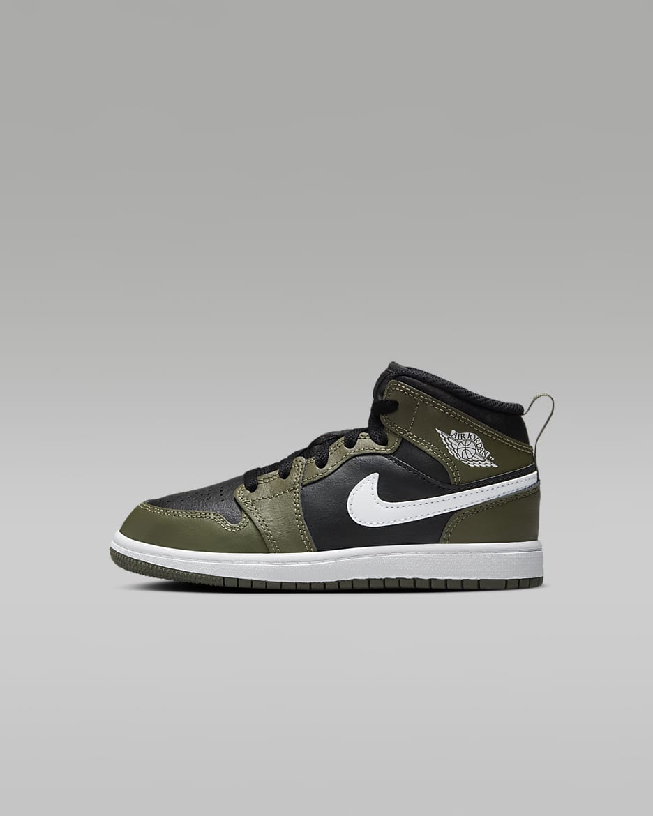 Tenis para niños de preescolar Jordan 1 Mid - Negro/Oliva medio/Blanco