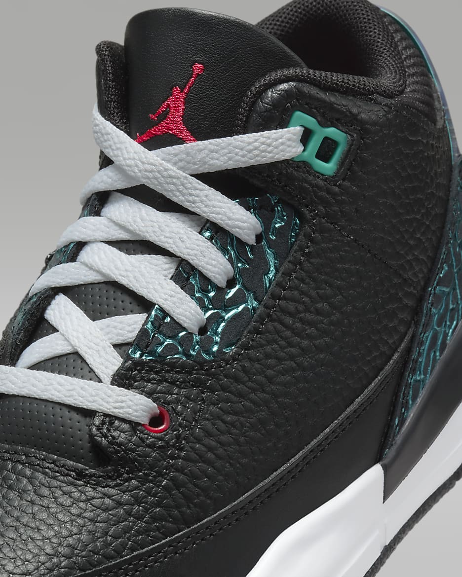 Tenis para niños de preescolar Jordan 3 Retro - Negro/Hiperjade/Blanco/Rojo sirena