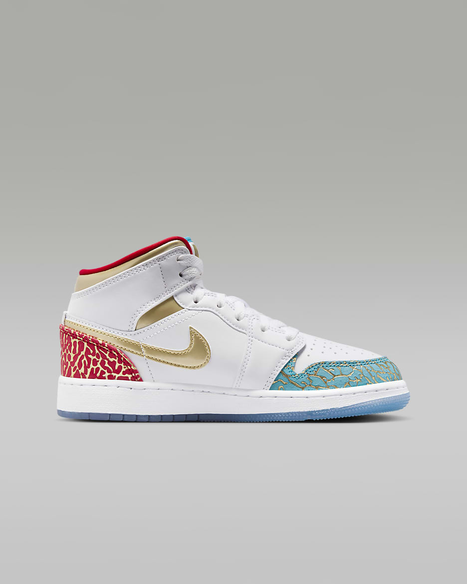 Air Jordan 1 Mid Sneaker School Older Kids' Shoes - White/University Red/Blue Lightning/Metallic Gold