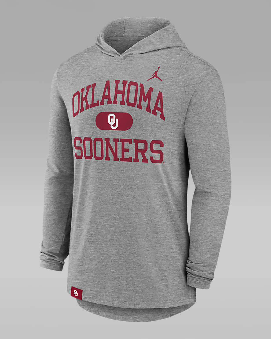 Playera de manga larga universitaria Jordan Dri-FIT con gorro para hombre Oklahoma Sooners Blitz - Gris jaspeado