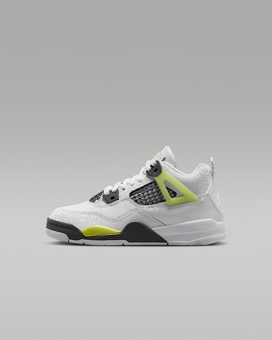 Tenis para niños de preescolar Jordan 4 Retro - Blanco/Grafito claro/Toque de limón claro