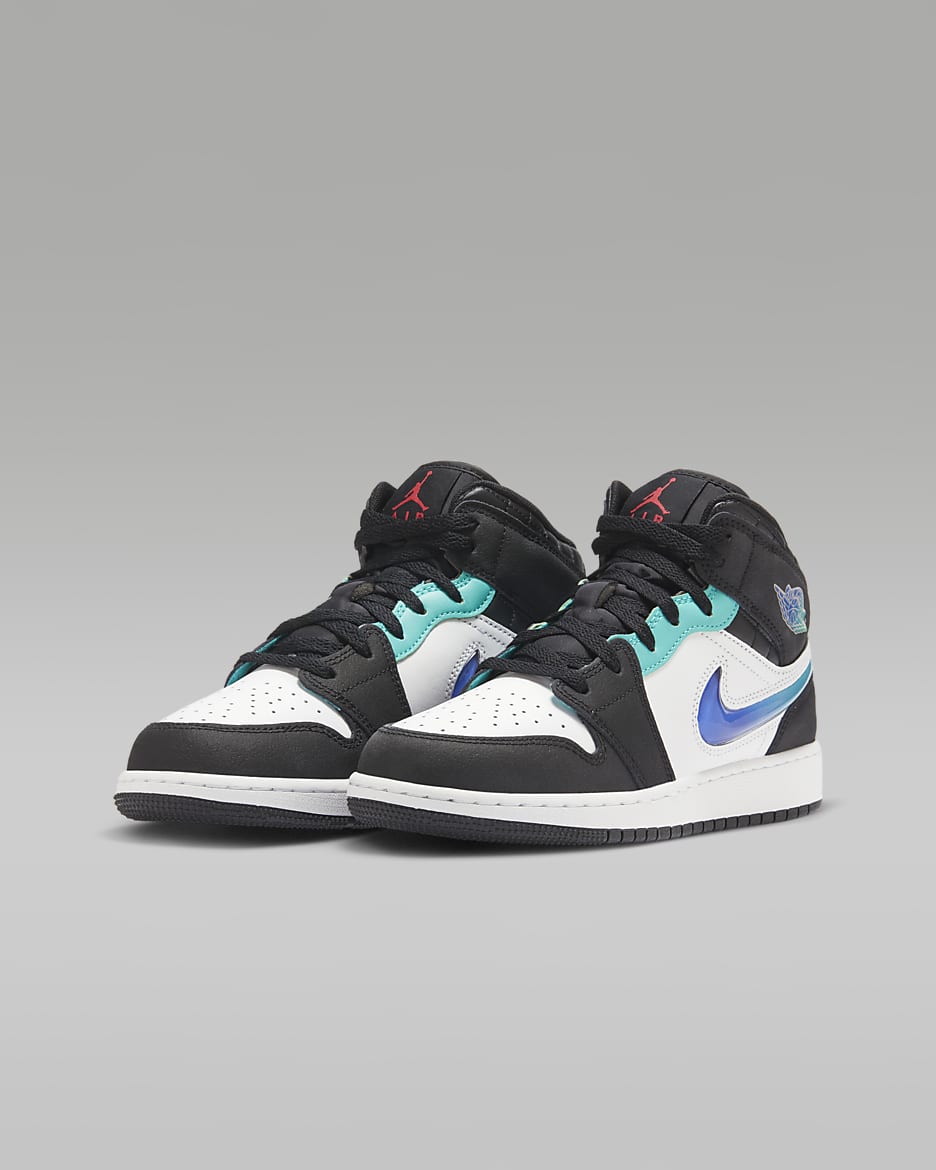 Air Jordan 1 Mid SE Big Kids' Shoes - Black/White/Hyper Jade/Siren Red