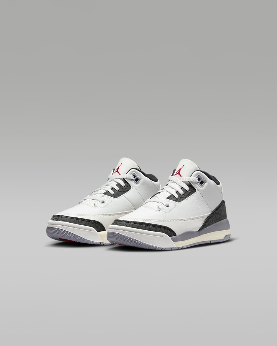 Tenis para niños de preescolar Jordan 3 Retro "Cement Gray" - Blanco cumbre/Gris cemento/Negro/Rojo pasión