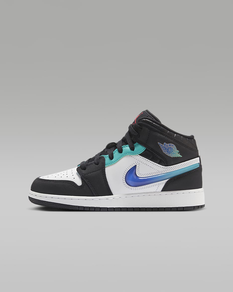 Air Jordan 1 Mid SE Big Kids' Shoes - Black/White/Hyper Jade/Siren Red