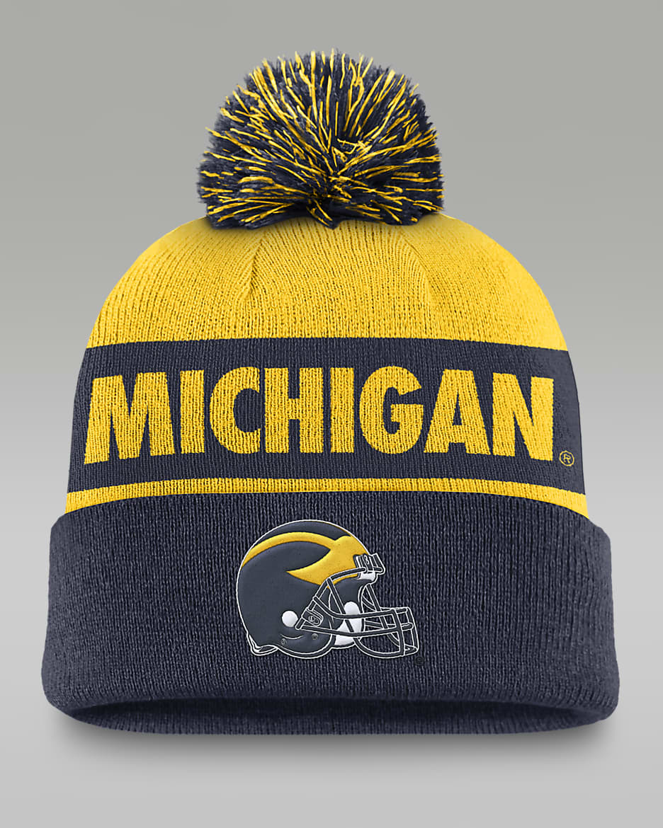 Michigan Wolverines Primetime Peak Men's Nike College Cuffed Pom Beanie - College Navy