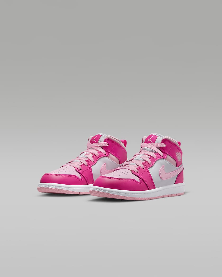 Jordan 1 Mid Younger Kids' Shoes - White/Fierce Pink/Medium Soft Pink