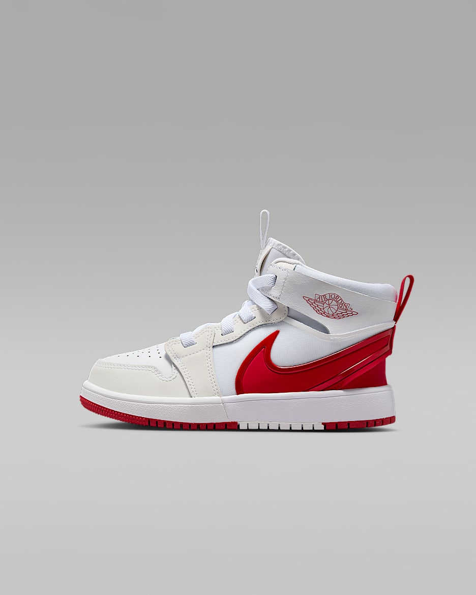 Tenis para niños de preescolar Jordan 1 Mid RM EasyOn - Blanco/Negro/Rojo universitario