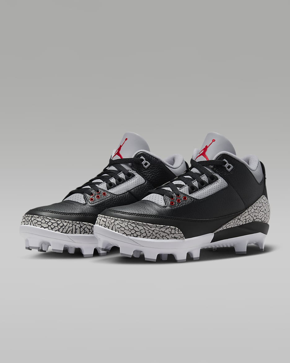 Jordan 3 Retro MCS Men's Baseball Cleats - Black/Cement Grey/White/Fire Red