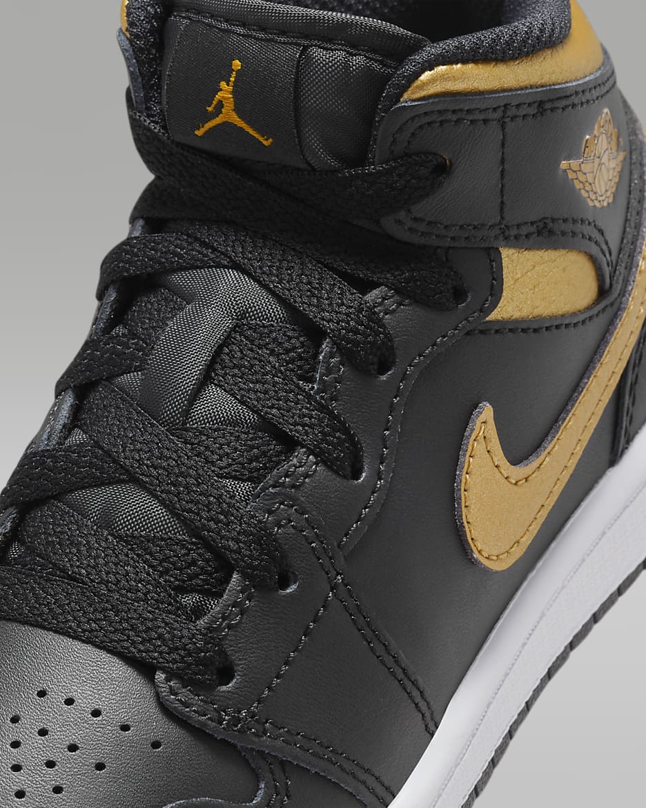 Jordan 1 Mid Younger Kids' Shoes - Black/White/Metallic Gold