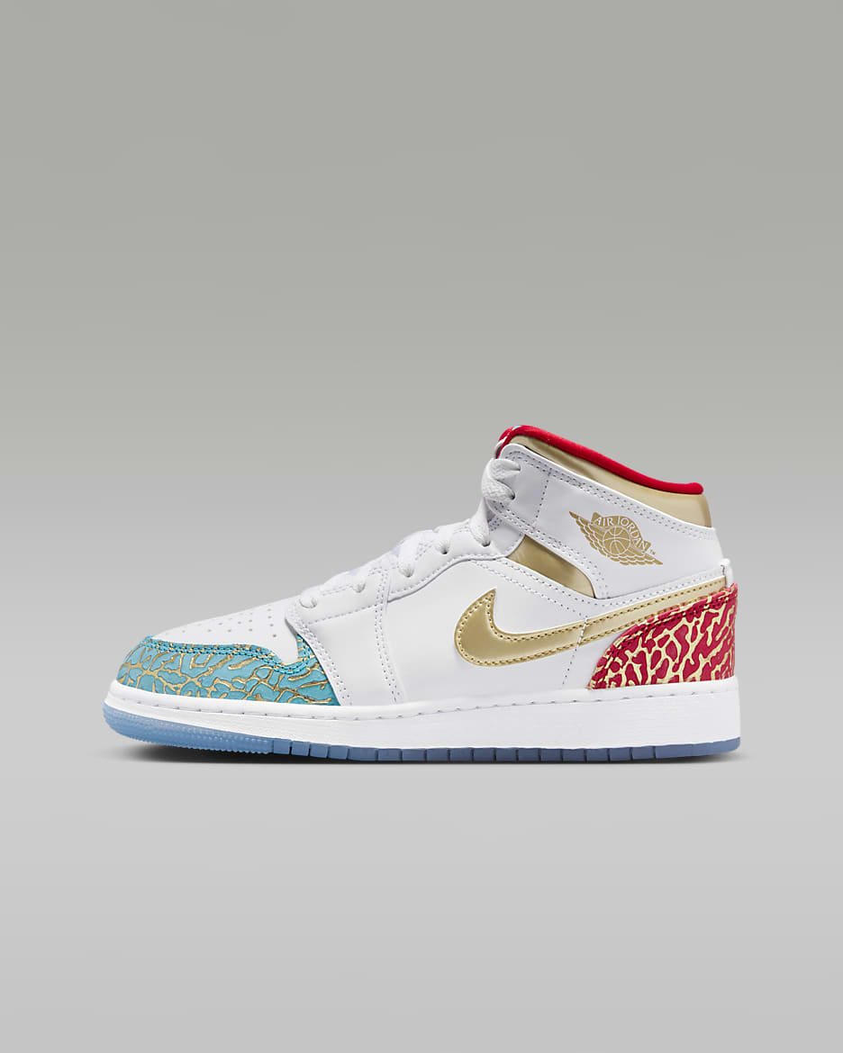 Air Jordan 1 Mid Sneaker School Older Kids' Shoes - White/University Red/Blue Lightning/Metallic Gold