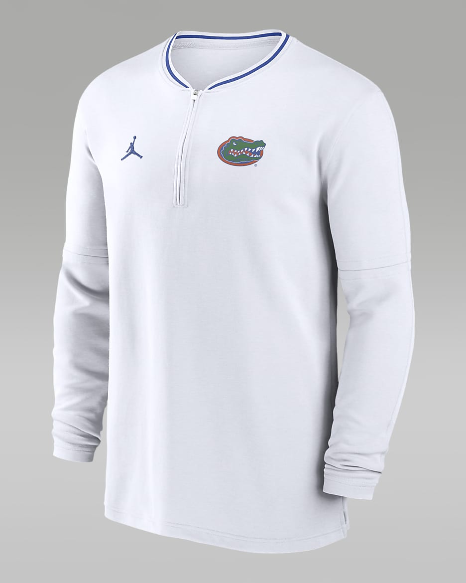 Playera de manga larga universitaria Jordan Dri-FIT de medio cierre para hombre Florida Gators Sideline Coach - Blanco