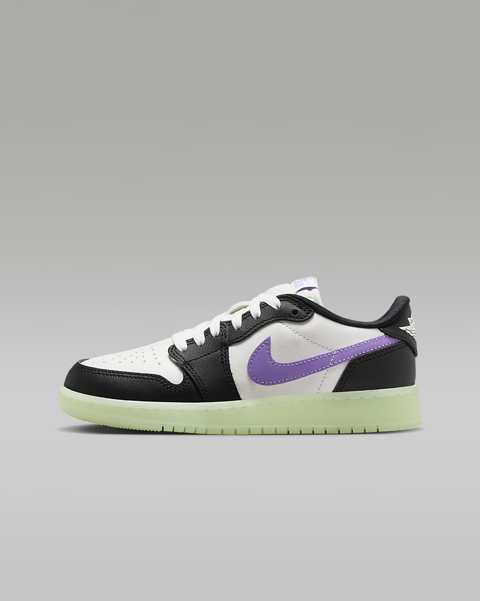 Air Jordan 1 Retro Low Big Kids' Shoes - Black/Volt Tint/Summit White/Black Raspberry