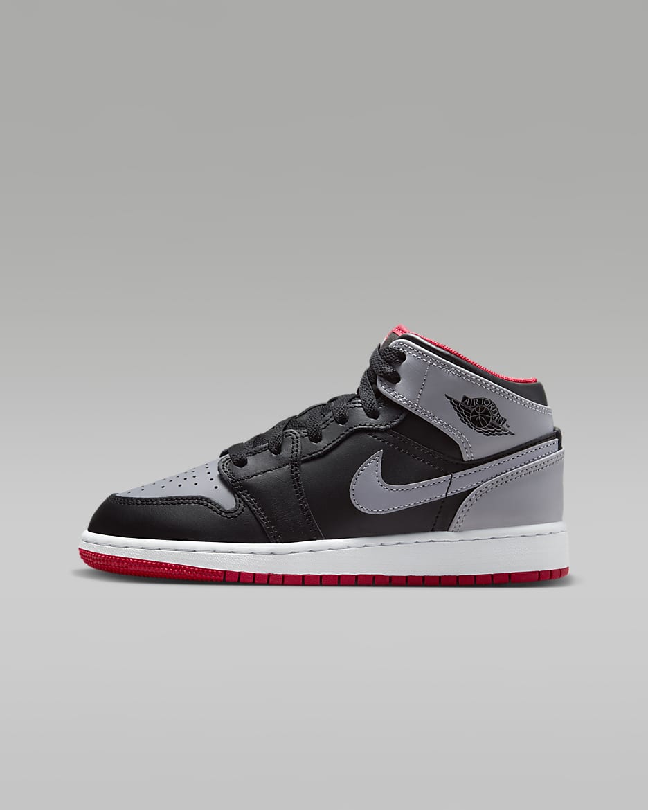 Air Jordan 1 中筒大童鞋款 - 黑色/Fire Red/白色/Cement Grey