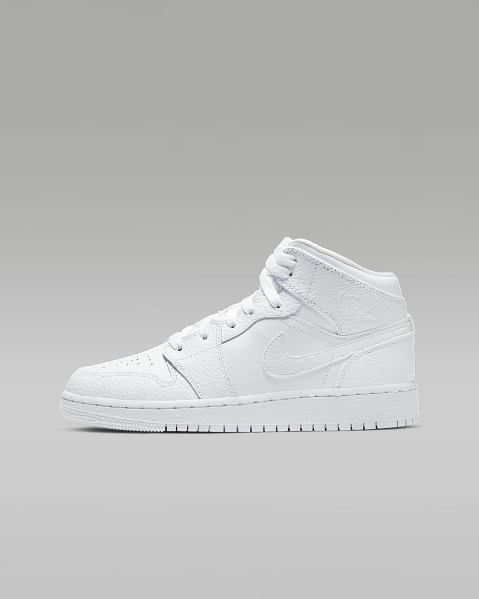 Jordan 1 Mid Big Kids' Shoes - White/White/White