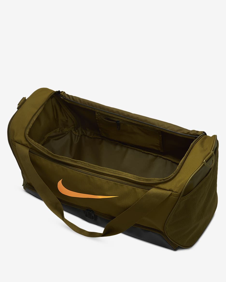 Nike Brasilia 9.5 Training Duffel Bag (Medium, 60L) - Olive Flak/Black/Vivid Orange