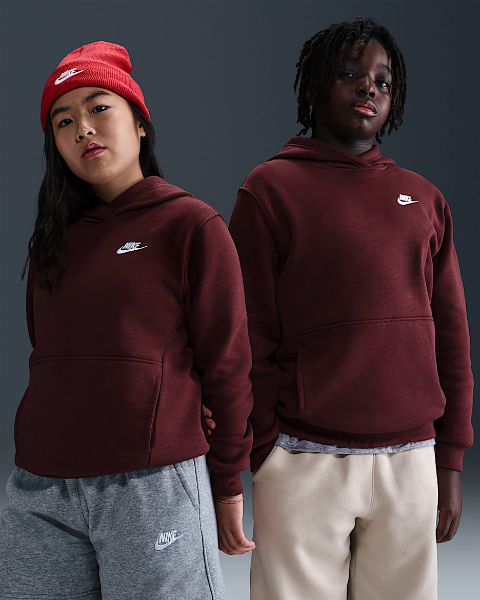 Nike Sportswear Club Fleece Big Kids' Pullover Hoodie (Extended Size) - Dark Team Red/White