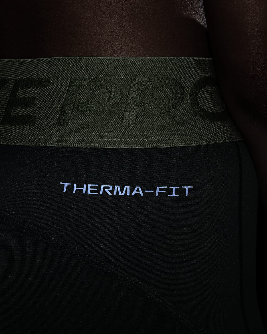 Nike Pro Girls' Therma-FIT Mid-Rise Leggings - Vintage Green/Black/Oil Green