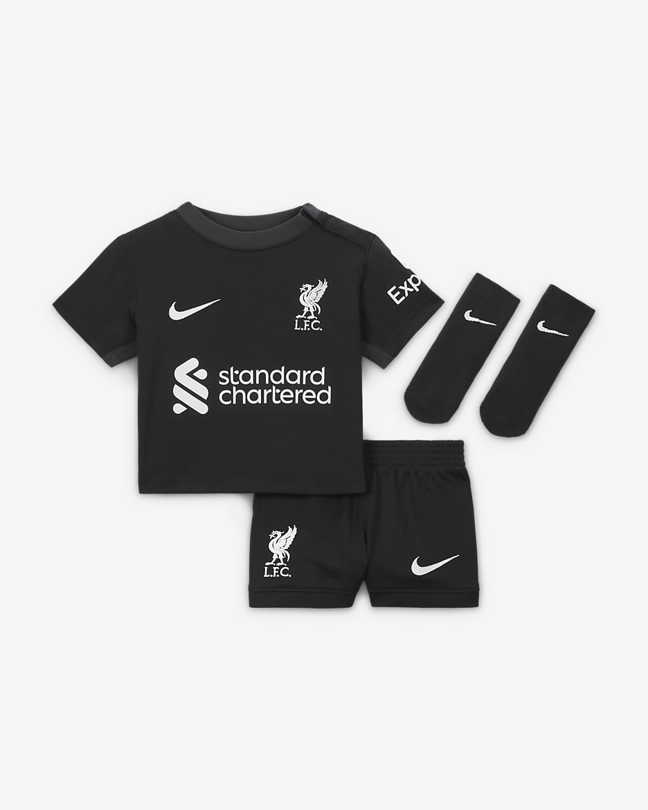 Liverpool FC 2024/25 Stadium (bortedrakt) Nike Football Replica draktsett i tre deler til sped-/småbarn - Night Forest/Anthracite/Sail