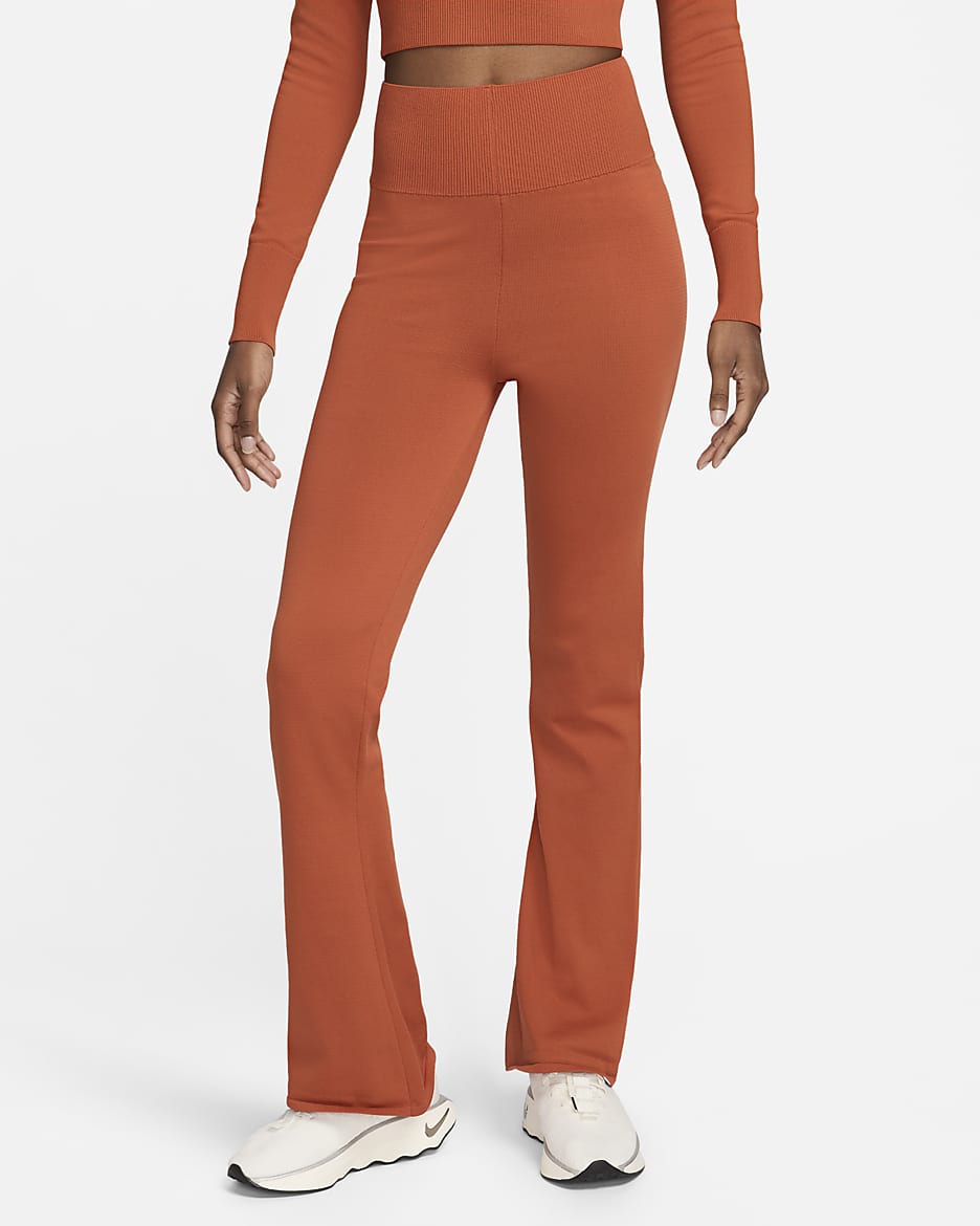 Nike Sportswear Chill Knit Women's Tight High-Waisted Jumper-Knit Flared Trousers - Burnt Sunrise/Black