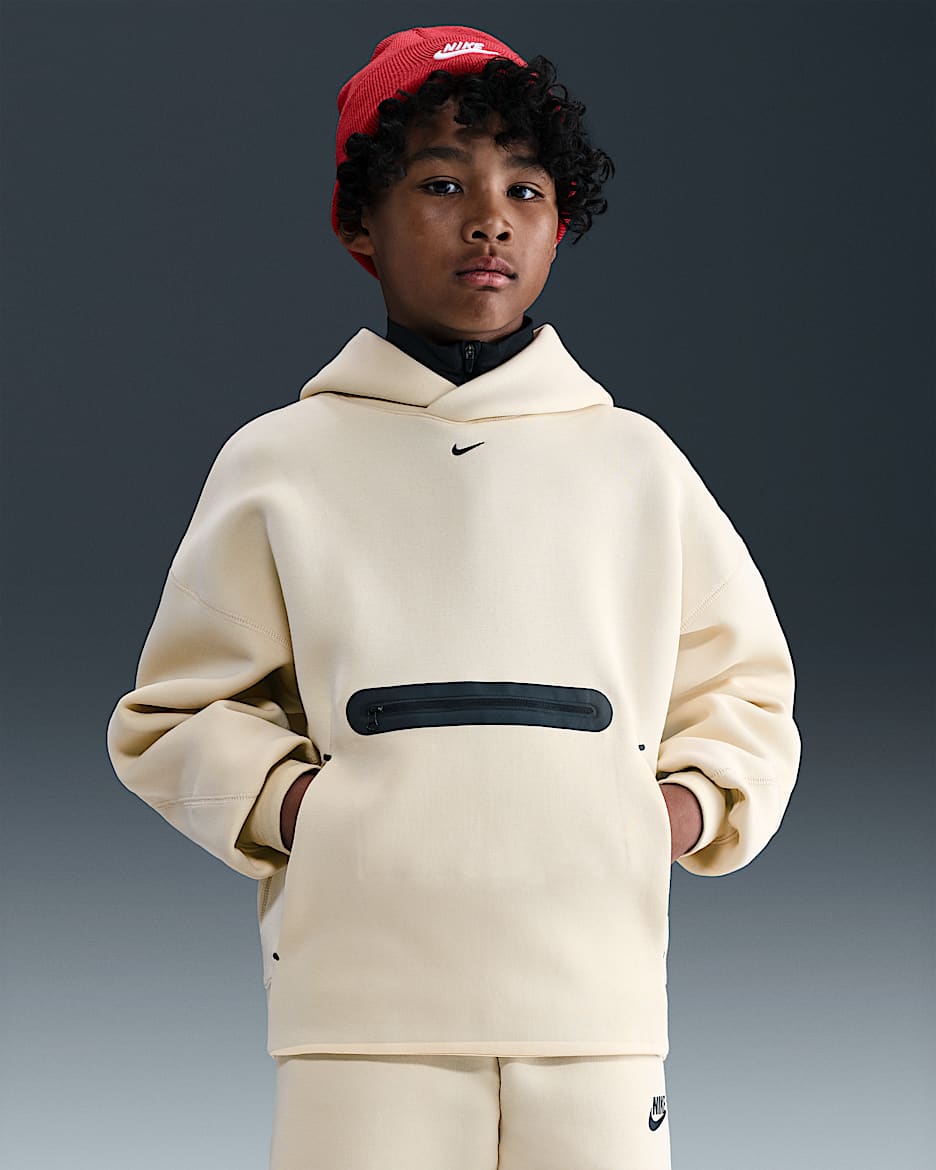 Nike Sportswear Tech Fleece Big Kids' (Boys') Oversized Pullover Hoodie - Light Khaki/Black