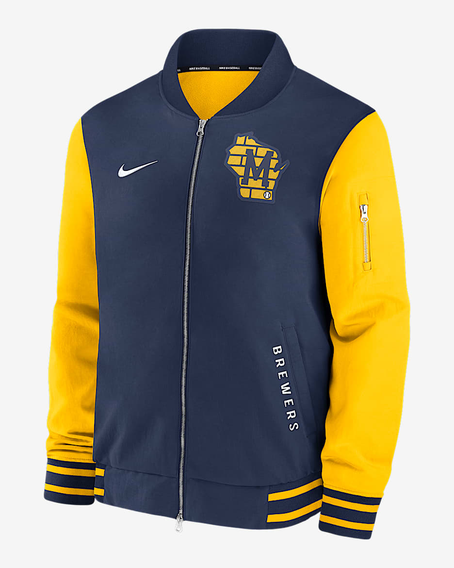 Chamarra bomber Nike de la MLB de cierre completo para hombre Milwaukee Brewers Authentic Collection Dugout - Azul marino medianoche