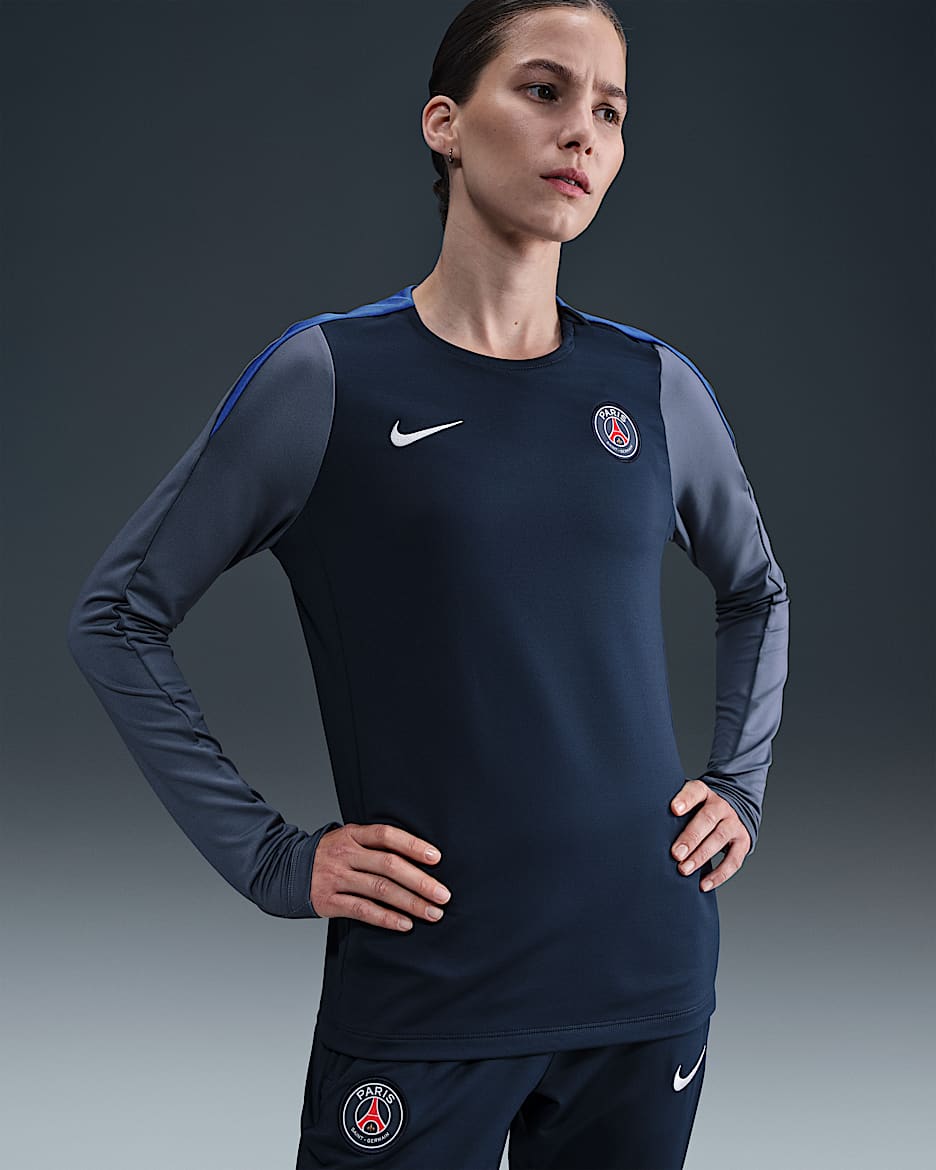 Haut de foot en maille à col ras-du-cou Nike Dri-FIT Paris Saint-Germain Strike pour femme - Midnight Navy/Diffused Blue/Hyper Royal/Blanc