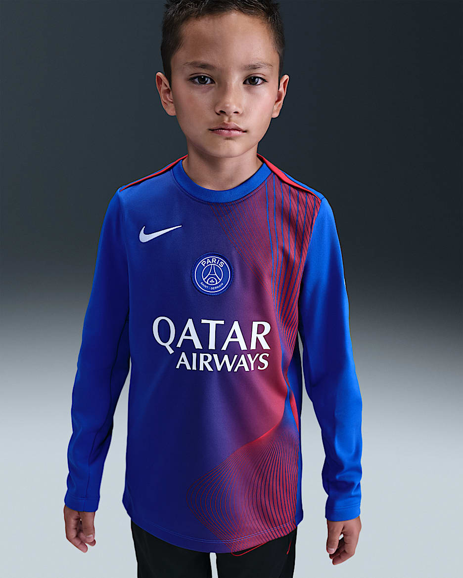 Předzápasové fotbalové tričko Nike Dri-FIT Total 90 Paris Saint-Germain Academy Pro s dlouhým rukávem pro větší děti - Hyper Royal/Global Red/Bílá